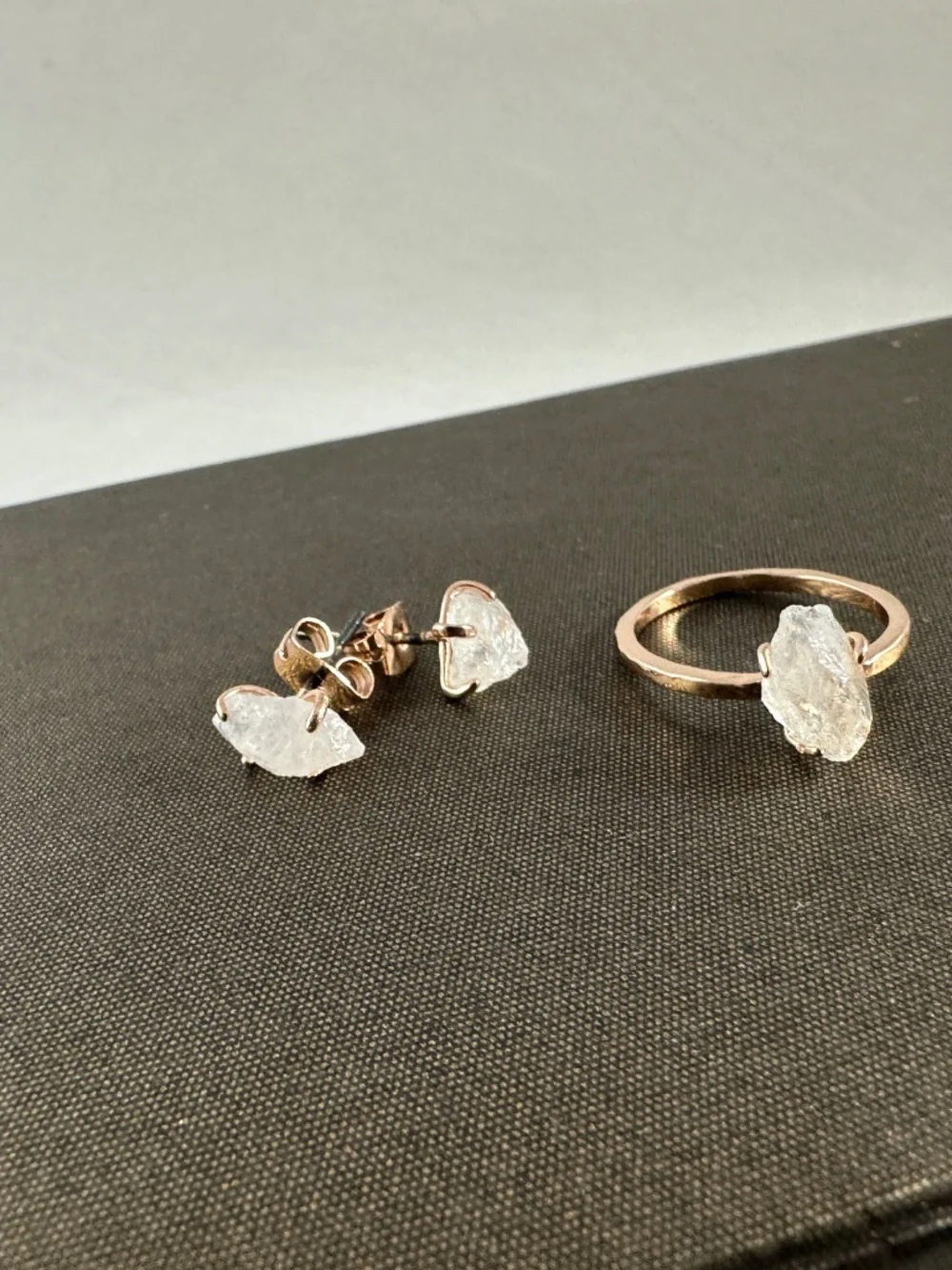 Raw Quartz Crystal Ring and Earring Set Boho Organic Solitaire Studs Rose Gold